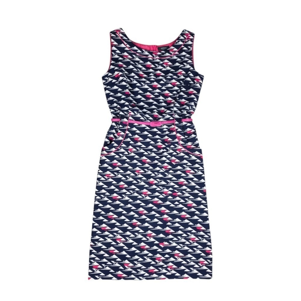 London Times Sheath Dress Pink Navy Geometric Belted Size 14